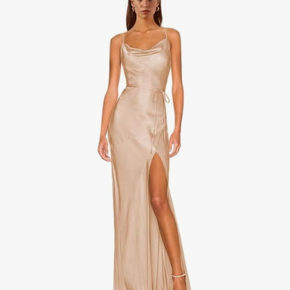 Champagne Mermaid Cowl Neck Maxi Bridesmaids Dress Size 8